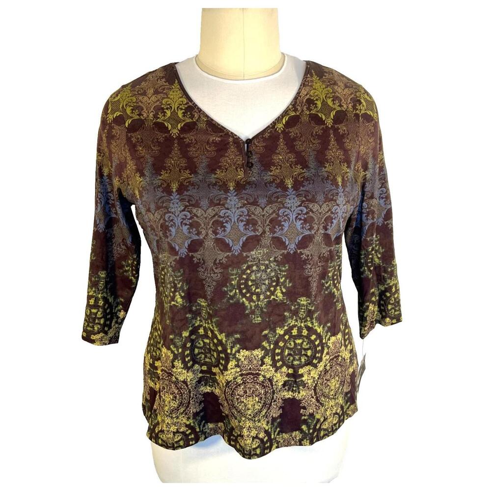 Liz Claiborne Blouse Women's 2X Knit Damask Autumn Colors V-Neck 3/4 Sleeve